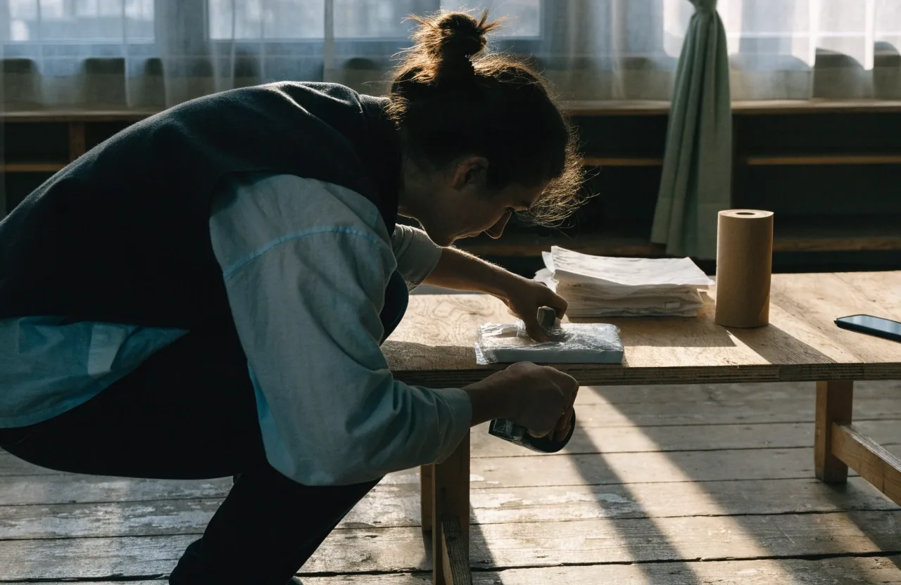 A hand holding a phone above a dark counter beside a small unmarked parcel and folded tissue paper