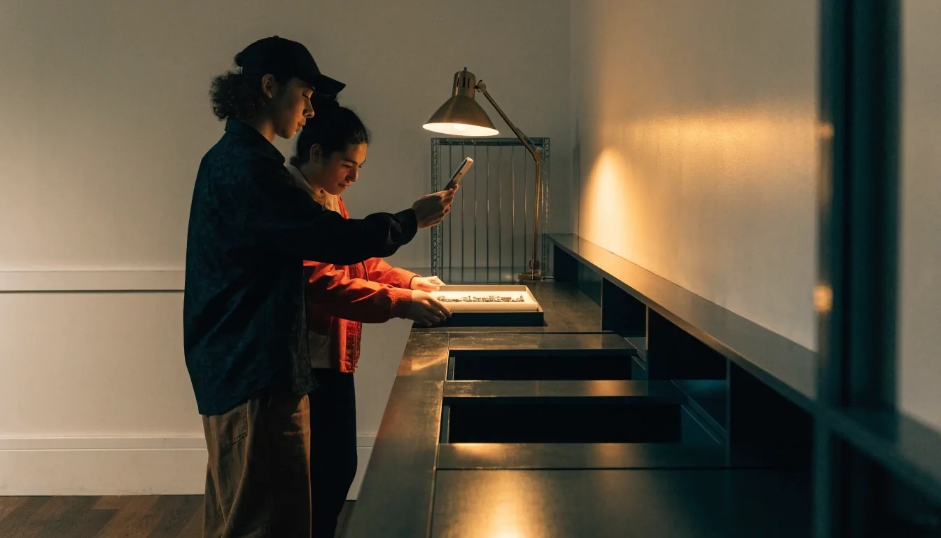 A wide, low-lit studio room with a long work desk, warm lamp light and monitors turned away from camera