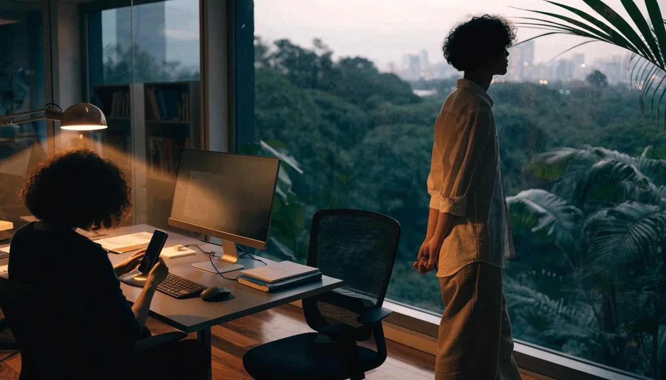 A dark Singapore office at dusk with one warm light over a single workstation and tropical foliage beyond the window
