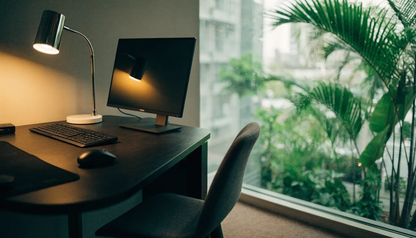 A quiet corner of the Innomedia studio in Singapore with a warm lamp and tropical foliage beyond the window