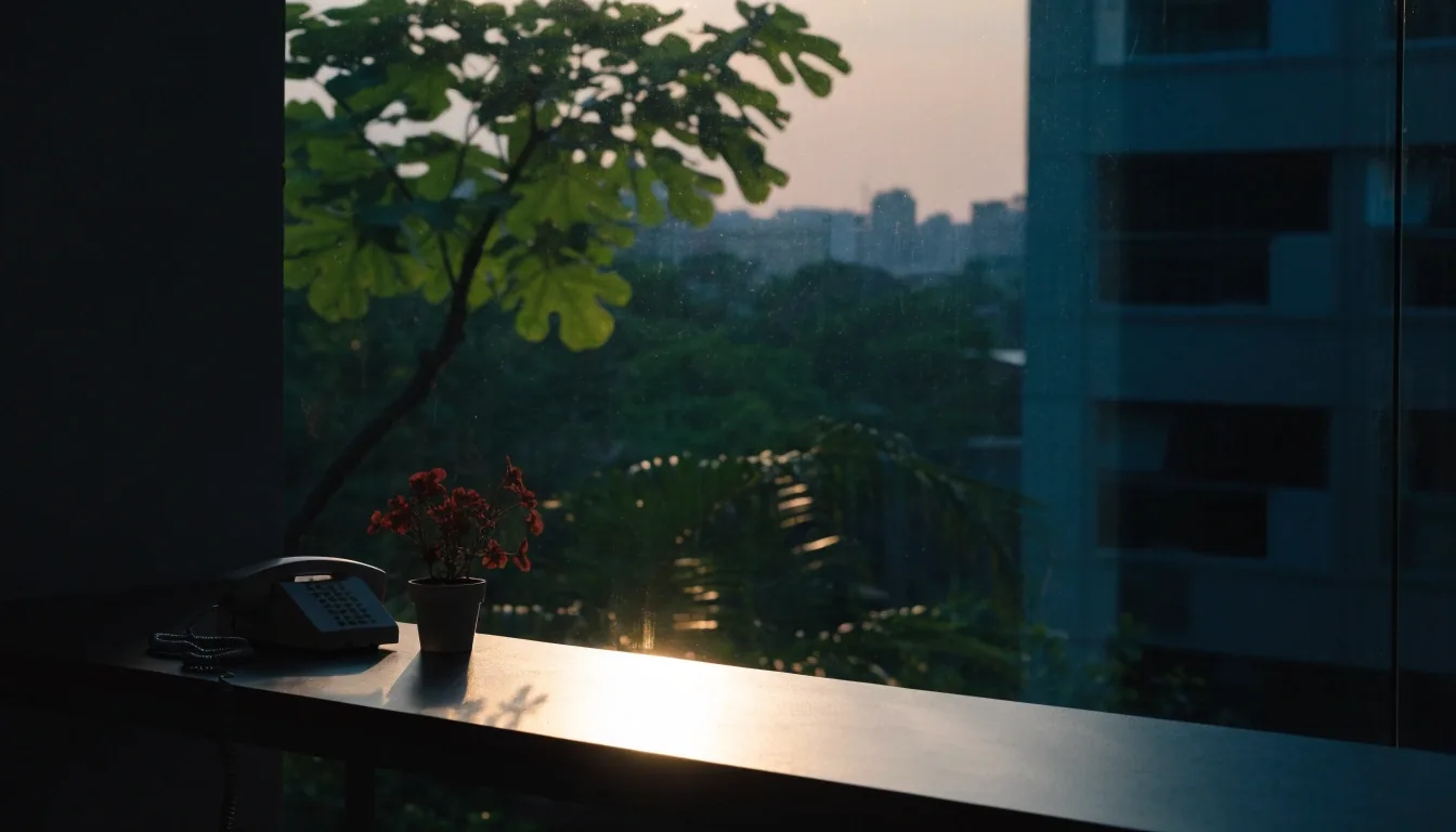 Warm early morning light across a Singapore rooftop and office window