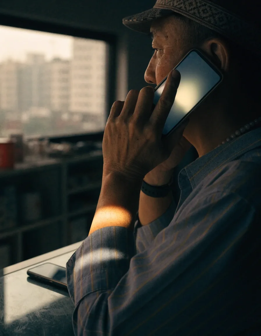 A hand holding a phone at an angle in a dim room, its screen only a soft glow