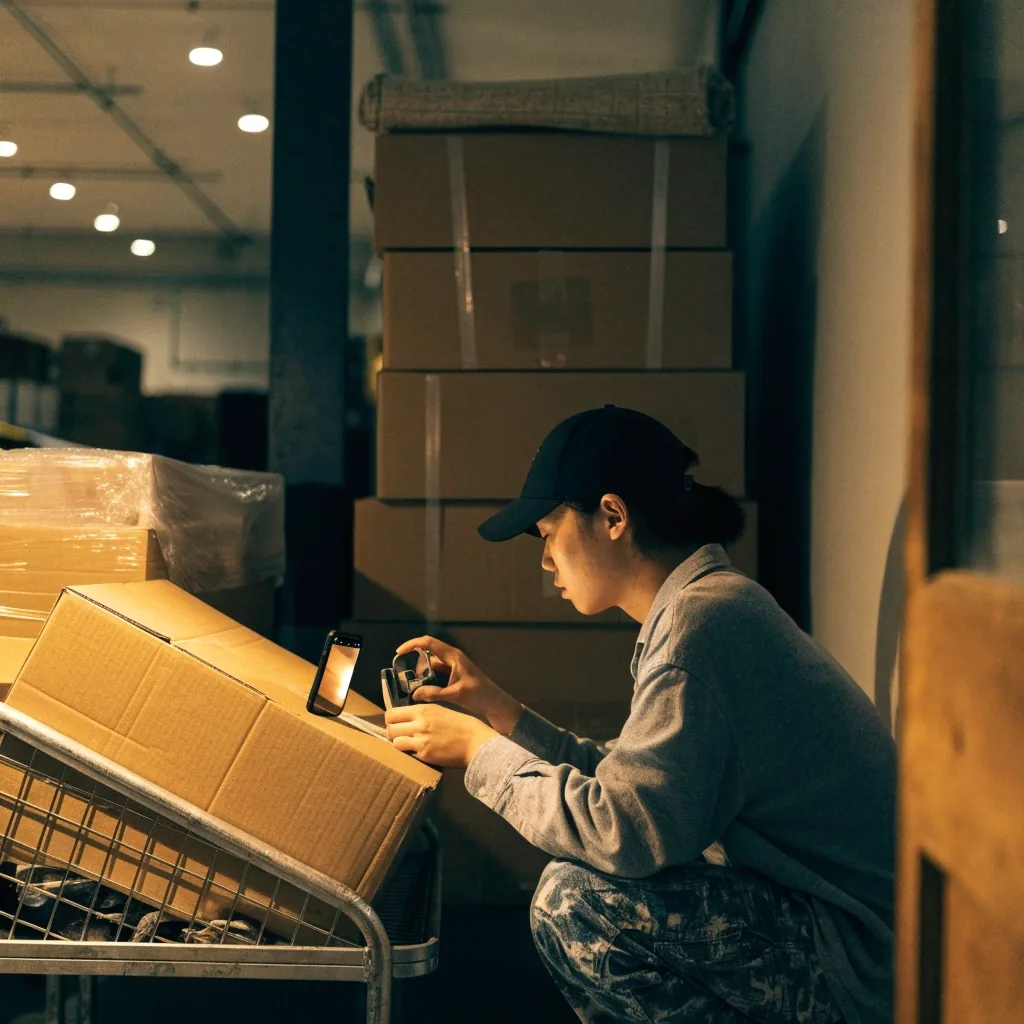 Cardboard parcels stacked on a trolley in a dim fulfilment corner, a phone glowing out of focus in one hand