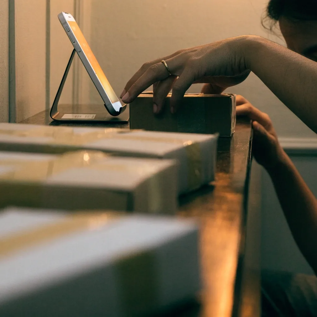 Hand holding a phone showing an out-of-focus glow, parcel edge blurred nearby