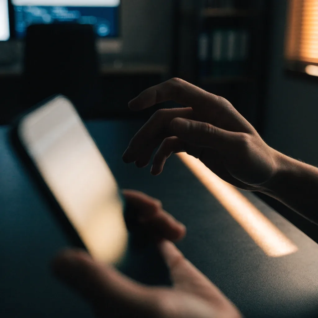 A developer's hands holding a phone with its screen out of focus in a dark Singapore app studio, lit by a warm window stripe
