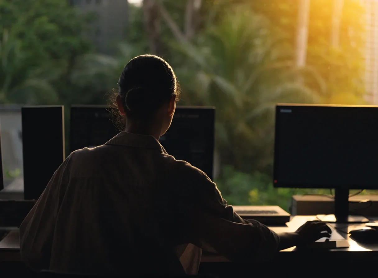 A person seen from behind at a dark studio desk, silhouetted against a warm window with tropical foliage outside