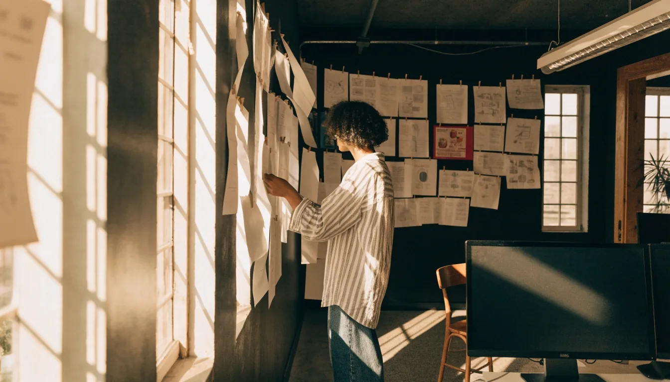 A dark Singapore studio interior at the start of the working day, warm window light across a desk of out-of-focus screens
