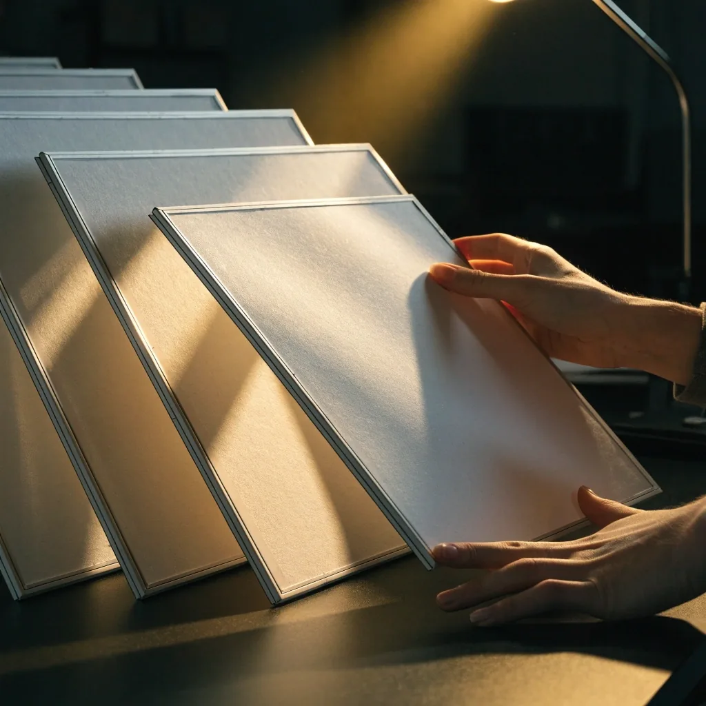 Hands arranging unmarked paper wireframe panels across a dark desk under warm lamp light
