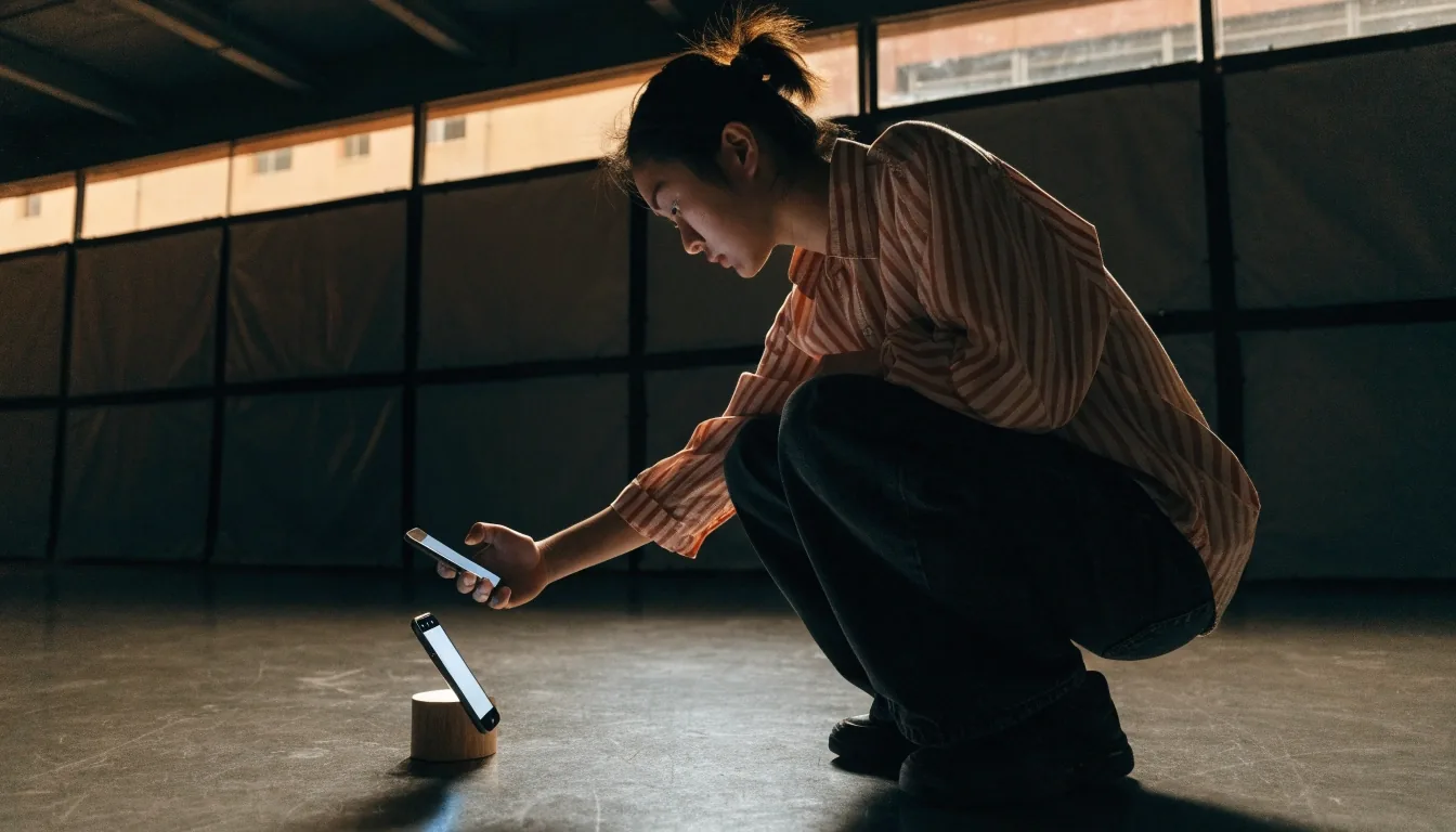 A hand holding a phone with an unreadable glowing screen beside a dark desk in a low-lit Singapore studio