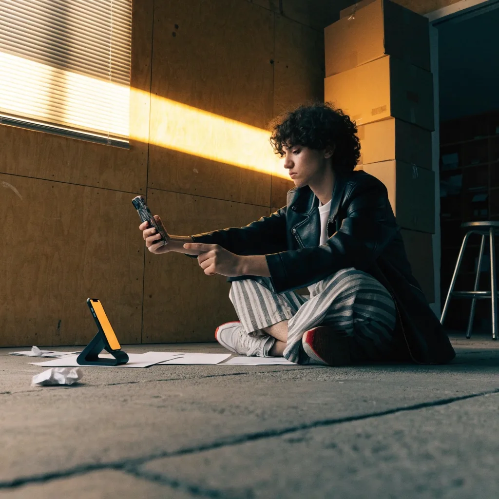 A dark studio room with a phone on a stand glowing softly beside a warm lamp