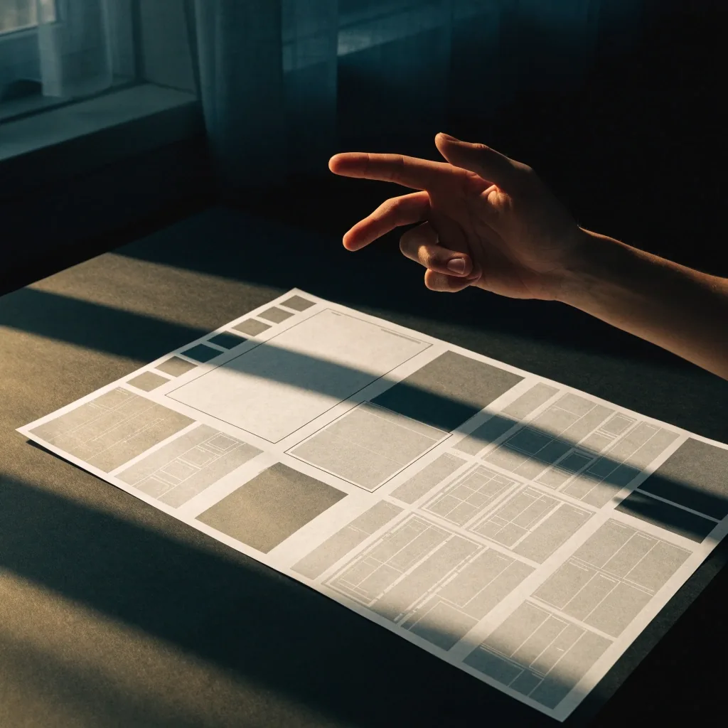A hand rearranging printed wireframe sheets on a dark studio desk under warm window light