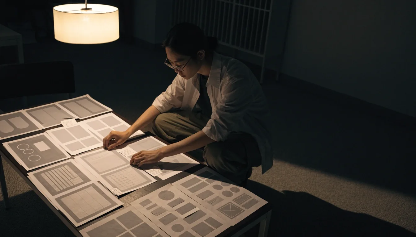 Printed greyscale wireframe sheets laid out in page order on a dark table under one warm lamp