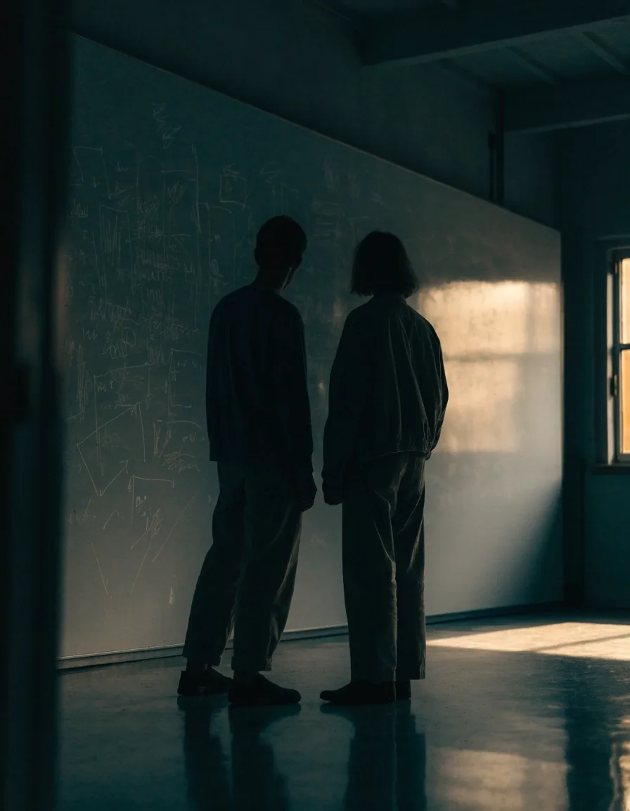 Two people in silhouette at a whiteboard with unreadable marks in a dark studio