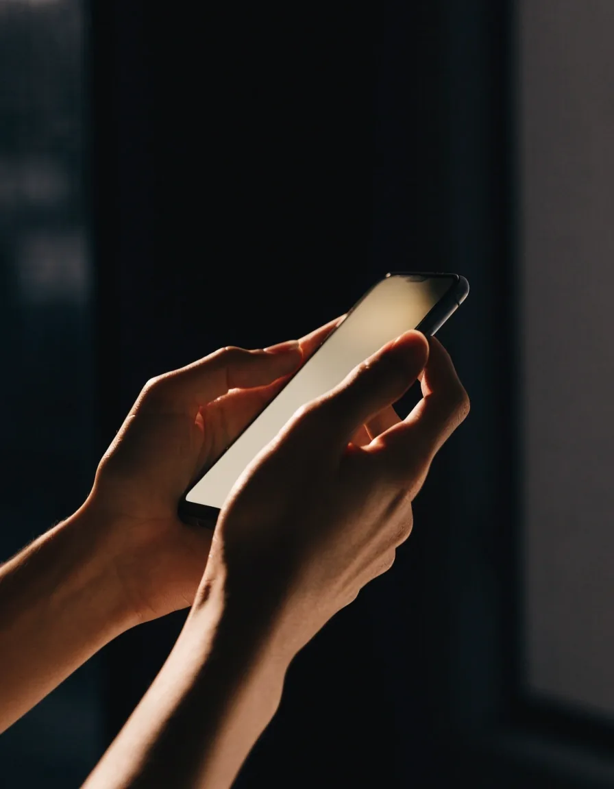 Two hands holding a phone with a blurred glowing screen above a dark studio desk