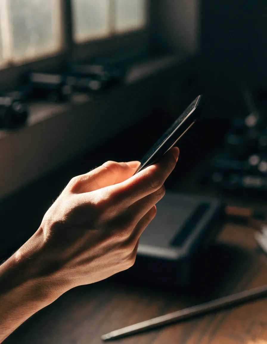 A hand holding a phone at an angle with the screen glowing as an unreadable mass